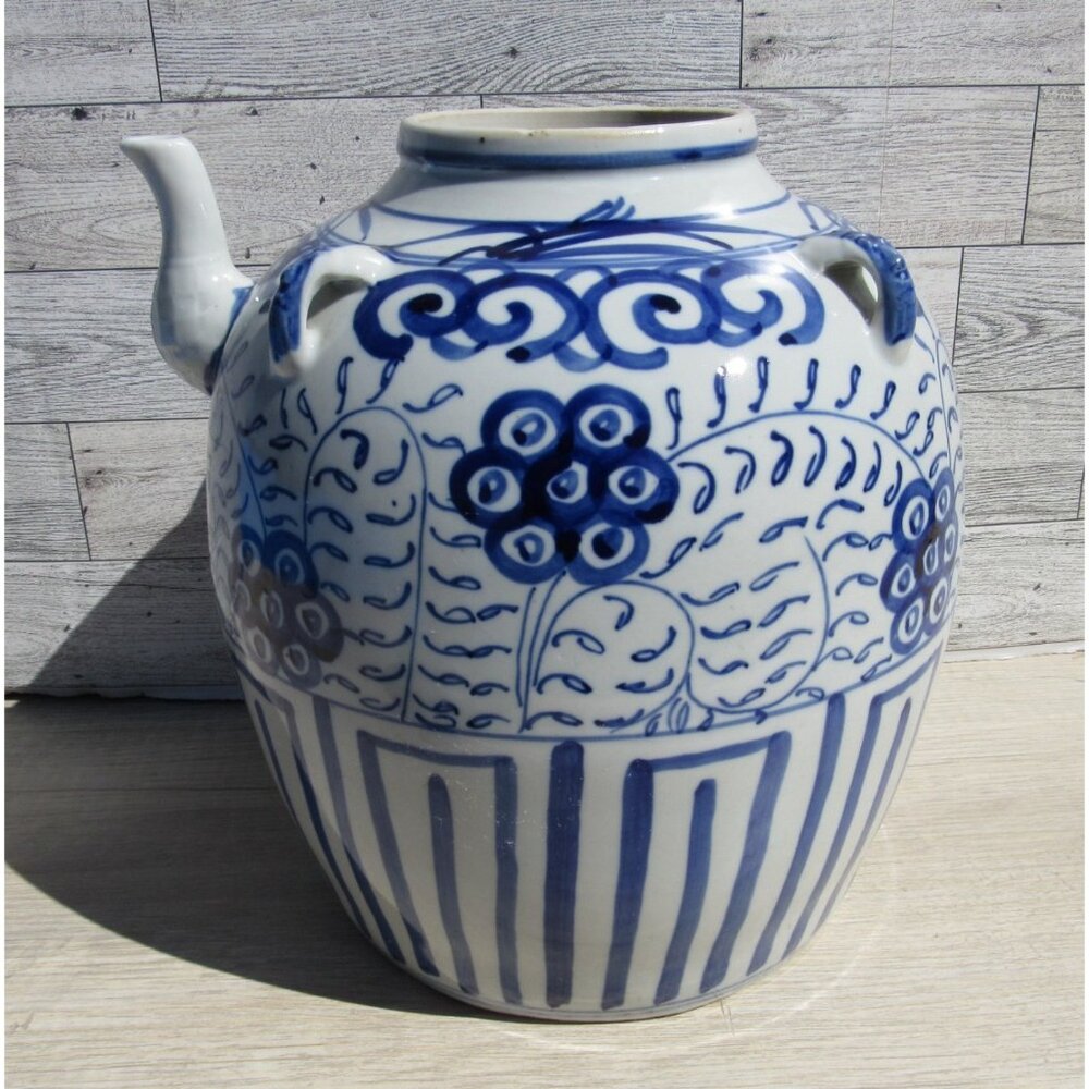 VTG Chinese Chinoiserie Water Jug Wine Oil Pot Cobalt Blue & White Pottery